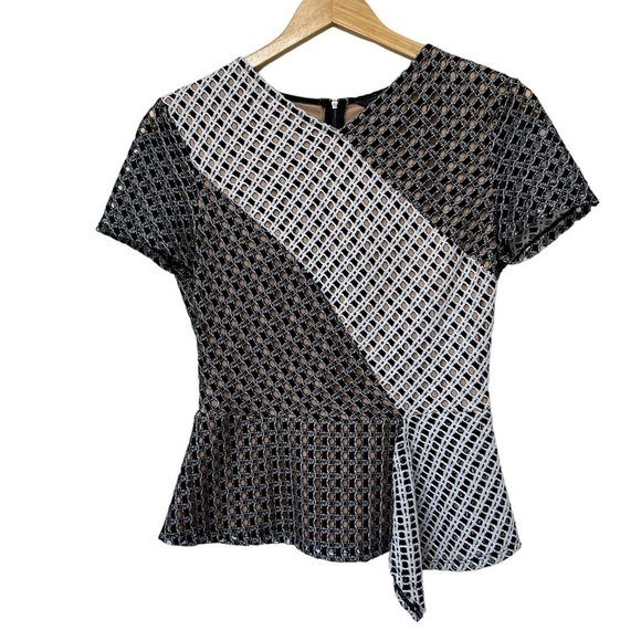 BCBGMaxAzria Kaleigh Top Black White Peplum Asymmetrical, Small - Picture 2 of 11